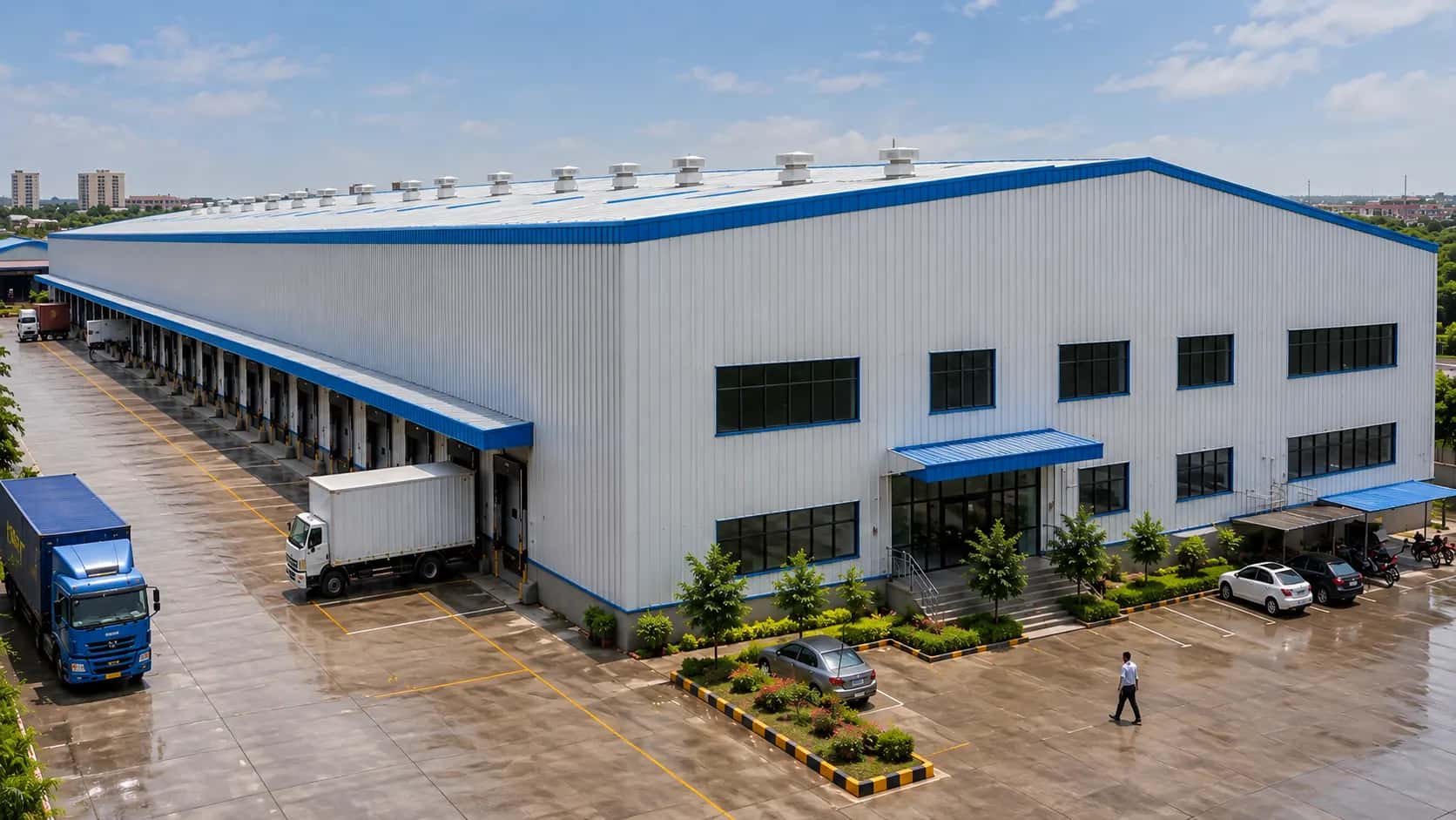 Industrial shed with loading docks and a parked truck